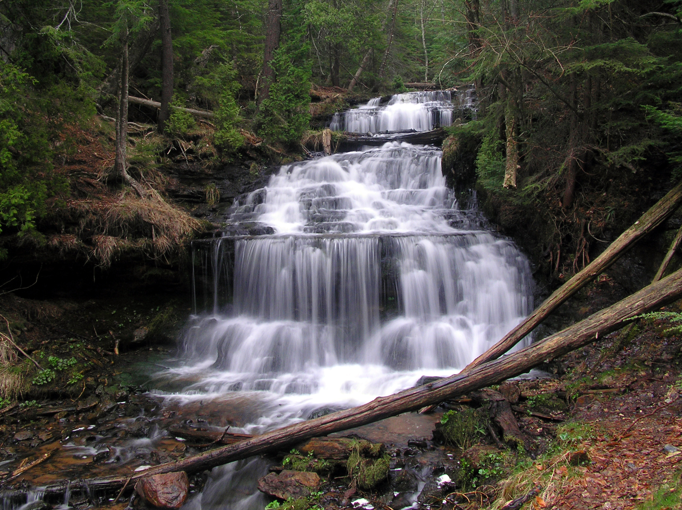 Wagner Falls tumbling over dark rock tiers in a hemlock forest, with a fallen log lying across the stream in the foreground